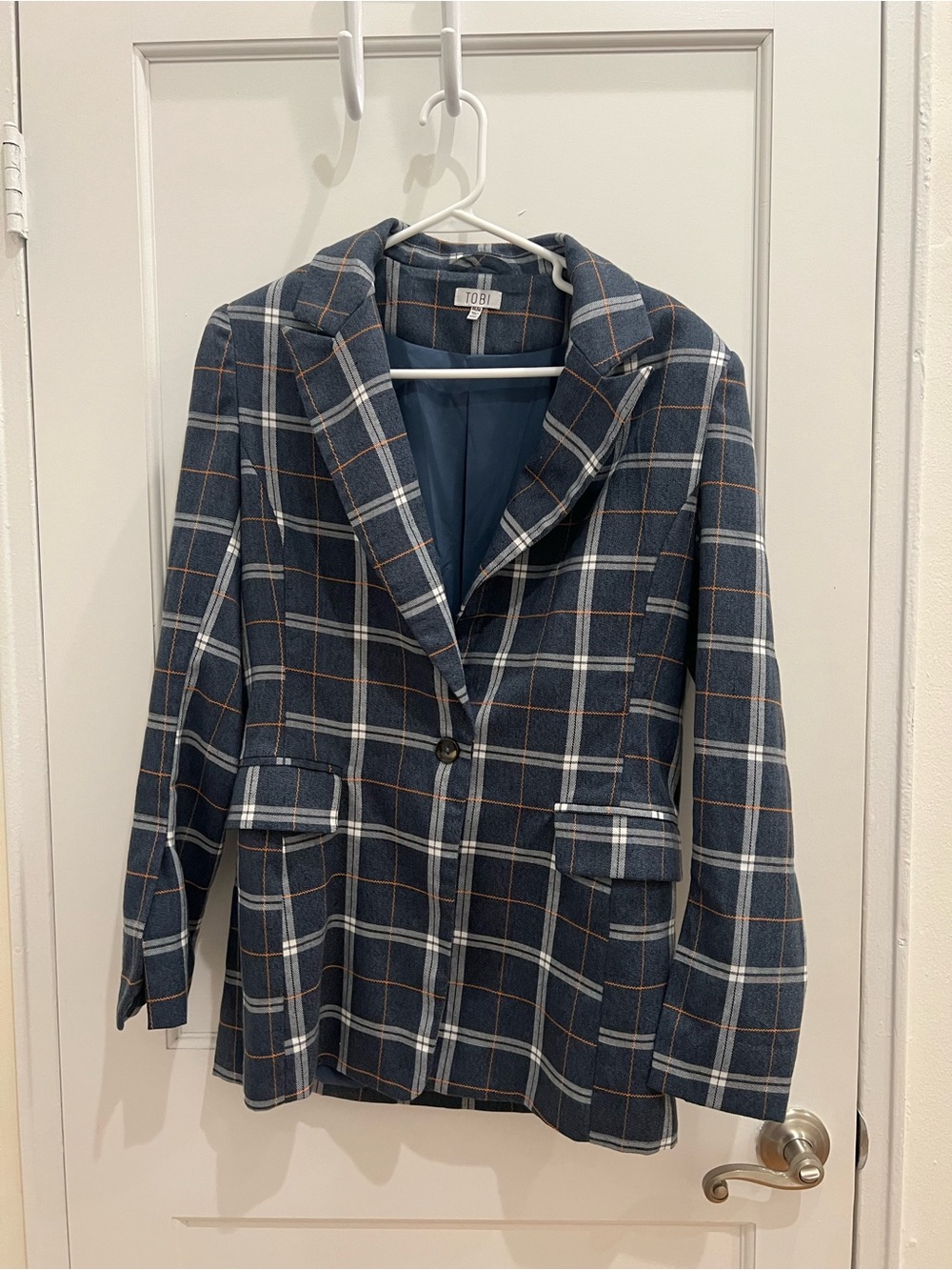 Tobi Navy Plaid Blazer with White & Rust Windowpane Accents
